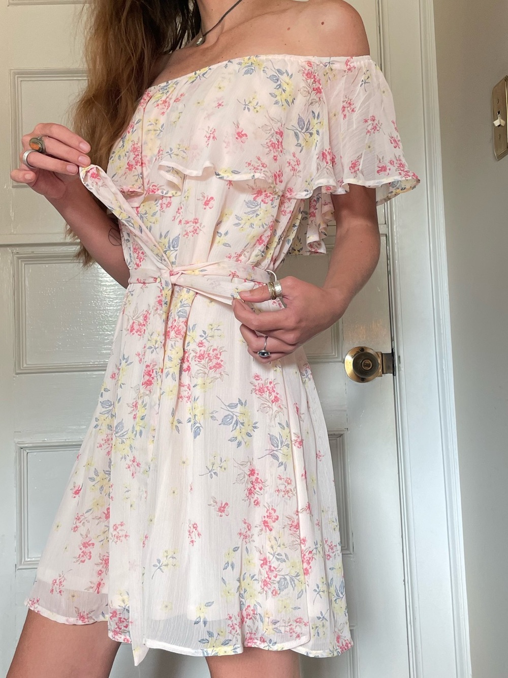 Off-Shoulder Floral Tie-Waist Mini Dress - Pink